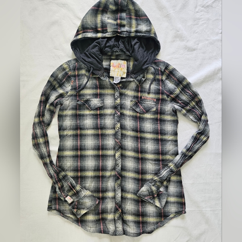 Billabong Plaid Hooded Button-up Flannel Shirt/Jacket Size Medium